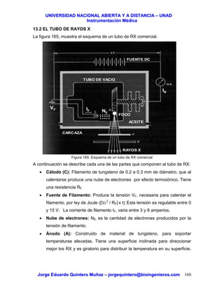 UUNNIIVVEERRSSIIDDAADD NNAACCIIOONNAALL AABBIIEERRTTAA YY AA DDIISSTTAANNCCIIAA –– UUNNAADD
IInnssttrruummeennttaacciióónn MMééddiiccaa
JJoorrggee EEdduuaarrddoo QQuuiinntteerroo MMuuññoozz –– jjoorrggeeqquuiinntteerroo@@bbiiooiinnggeenniieerrooss..ccoomm 160
13.2 EL TUBO DE RAYOS X
La figura 165, muestra el esquema de un tubo de RX comercial.
Figura 165. Esquema de un tubo de RX comercial
A continuación se describe cada una de las partes que componen al tubo de RX:
• Cátodo (C): Filamento de tungsteno de 0.2 a 0.3 mm de diámetro, que al
calentarse produce una nube de electrones por efecto termoiónico. Tiene
una resistencia RF.
• Fuente de Filamento: Produce la tensión VF, necesaria para calentar el
filamento, por ley de Joule ([VF
2
/ RF] x t). Esta tensión es regulable entre 0
y 15 V. La corriente de filamento IF, varia entre 3 y 8 amperios.
• Nube de electrones: NE, es la cantidad de electrones producidos por la
tensión de filamento.
• Ánodo (A): Construido de material de tungsteno, para soportar
temperaturas elevadas. Tiene una superficie inclinada para direccionar
mejor los RX y es giratorio para distribuir la temperatura en su superficie.
ACEITE
CARCAZA
FUENTE DC
IB
IF
RAYOS X
VF
...............
NE
TUBO DE VACIO
FOCO
 