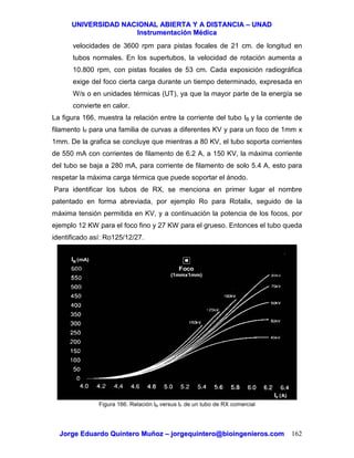 UUNNIIVVEERRSSIIDDAADD NNAACCIIOONNAALL AABBIIEERRTTAA YY AA DDIISSTTAANNCCIIAA –– UUNNAADD
IInnssttrruummeennttaacciióónn MMééddiiccaa
JJoorrggee EEdduuaarrddoo QQuuiinntteerroo MMuuññoozz –– jjoorrggeeqquuiinntteerroo@@bbiiooiinnggeenniieerrooss..ccoomm 162
velocidades de 3600 rpm para pistas focales de 21 cm. de longitud en
tubos normales. En los supertubos, la velocidad de rotación aumenta a
10.800 rpm, con pistas focales de 53 cm. Cada exposición radiográfica
exige del foco cierta carga durante un tiempo determinado, expresada en
W/s o en unidades térmicas (UT), ya que la mayor parte de la energía se
convierte en calor.
La figura 166, muestra la relación entre la corriente del tubo IB y la corriente de
filamento IF para una familia de curvas a diferentes KV y para un foco de 1mm x
1mm. De la grafica se concluye que mientras a 80 KV, el tubo soporta corrientes
de 550 mA con corrientes de filamento de 6.2 A, a 150 KV, la máxima corriente
del tubo se baja a 280 mA, para corriente de filamento de solo 5.4 A, esto para
respetar la máxima carga térmica que puede soportar el ánodo.
Para identificar los tubos de RX, se menciona en primer lugar el nombre
patentado en forma abreviada, por ejemplo Ro para Rotalix, seguido de la
máxima tensión permitida en KV, y a continuación la potencia de los focos, por
ejemplo 12 KW para el foco fino y 27 KW para el grueso. Entonces el tubo queda
identificado así: Ro125/12/27.
Figura 166. Relación IB versus IF de un tubo de RX comercial
IB (mA)
IF (A)
Foco
(1mmx1mm)
 
