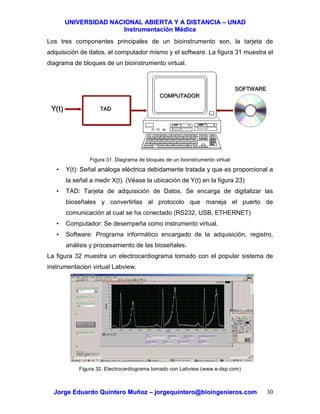 UUNNIIVVEERRSSIIDDAADD NNAACCIIOONNAALL AABBIIEERRTTAA YY AA DDIISSTTAANNCCIIAA –– UUNNAADD
IInnssttrruummeennttaacciióónn MMééddiiccaa
JJoorrggee EEdduuaarrddoo QQuuiinntteerroo MMuuññoozz –– jjoorrggeeqquuiinntteerroo@@bbiiooiinnggeenniieerrooss..ccoomm 30
Los tres componentes principales de un bioinstrumento son, la tarjeta de
adquisición de datos, el computador mismo y el software. La figura 31 muestra el
diagrama de bloques de un bioinstrumento virtual.
Figura 31. Diagrama de bloques de un bioinstrumento virtual
• Y(t): Señal análoga eléctrica debidamente tratada y que es proporcional a
la señal a medir X(t). (Véase la ubicación de Y(t) en la figura 23)
• TAD: Tarjeta de adquisición de Datos. Se encarga de digitalizar las
bioseñales y convertirlas al protocolo que maneja el puerto de
comunicación al cual se ha conectado (RS232, USB, ETHERNET)
• Computador: Se desempeña como instrumento virtual.
• Software: Programa informático encargado de la adquisición, registro,
análisis y procesamiento de las bioseñales.
La figura 32 muestra un electrocardiograma tomado con el popular sistema de
instrumentacion virtual Labview.
Figura 32. Electrocardiograma tomado con Labview (www.e-dsp.com)
TADTADY(t)Y(t)
COMPUTADORCOMPUTADOR
SOFTWARESOFTWARE
 