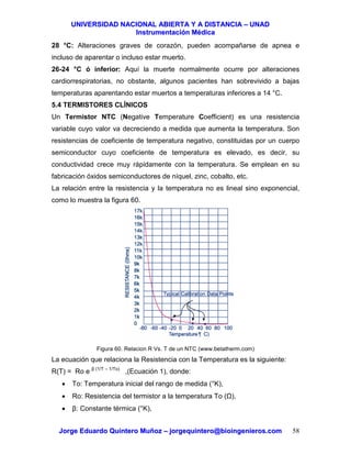 UUNNIIVVEERRSSIIDDAADD NNAACCIIOONNAALL AABBIIEERRTTAA YY AA DDIISSTTAANNCCIIAA –– UUNNAADD
IInnssttrruummeennttaacciióónn MMééddiiccaa
JJoorrggee EEdduuaarrddoo QQuuiinntteerroo MMuuññoozz –– jjoorrggeeqquuiinntteerroo@@bbiiooiinnggeenniieerrooss..ccoomm 58
28 °C: Alteraciones graves de corazón, pueden acompañarse de apnea e
incluso de aparentar o incluso estar muerto.
26-24 °C ó inferior: Aquí la muerte normalmente ocurre por alteraciones
cardiorrespiratorias, no obstante, algunos pacientes han sobrevivido a bajas
temperaturas aparentando estar muertos a temperaturas inferiores a 14 °C.
5.4 TERMISTORES CLÍNICOS
Un Termistor NTC (Negative Temperature Coefficient) es una resistencia
variable cuyo valor va decreciendo a medida que aumenta la temperatura. Son
resistencias de coeficiente de temperatura negativo, constituidas por un cuerpo
semiconductor cuyo coeficiente de temperatura es elevado, es decir, su
conductividad crece muy rápidamente con la temperatura. Se emplean en su
fabricación óxidos semiconductores de níquel, zinc, cobalto, etc.
La relación entre la resistencia y la temperatura no es lineal sino exponencial,
como lo muestra la figura 60.
Figura 60. Relacion R Vs. T de un NTC (www.betatherm.com)
La ecuación que relaciona la Resistencia con la Temperatura es la siguiente:
R(T) = Ro e β (1/T – 1/To)
,(Ecuación 1), donde:
• To: Temperatura inicial del rango de medida (°K),
• Ro: Resistencia del termistor a la temperatura To ( ),
• β: Constante térmica (°K),
 