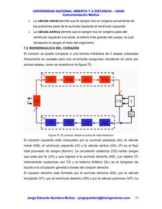 UUNNIIVVEERRSSIIDDAADD NNAACCIIOONNAALL AABBIIEERRTTAA YY AA DDIISSTTAANNCCIIAA –– UUNNAADD
IInnssttrruummeennttaacciióónn MMééddiiccaa
JJoorrggee EEdduuaarrddoo QQuuiinntteerroo MMuuññoozz –– jjoorrggeeqquuiinntteerroo@@bbiiooiinnggeenniieerrooss..ccoomm 75
• La válvula mitral permite que la sangre rica en oxígeno proveniente de
los pulmones pase de la aurícula izquierda al ventrículo izquierdo.
• La válvula aórtica permite que la sangre rica en oxígeno pase del
ventrículo izquierdo a la aorta, la arteria más grande del cuerpo, la cual
transporta la sangre al resto del organismo.
7.2 BIOHIDRAULICA DEL CORAZÓN
El corazón se puede comparar a una bomba hidráulica de 2 etapas colocadas
físicamente en paralelo pero con el torrente sanguíneo circulando en serie por
ambas etapas, como se muestra en la figura 75.
Figura 75. El corazón desde el punto de vista hidráulico
El corazón izquierdo está compuesto por la aurícula izquierda (AI), la válvula
mitral (VM), el ventrículo izquierdo (VI) y la válvula aórtica (VA). (F) es el flujo
total promedio de sangre (lts/min). La circulación sistémica (CS) recibe sangre
que pasa por la (VA) y que ingresa a la aurícula derecha (AD). Los tejidos (T)
intercambian sustancias con CS y el sistema linfático (SL) es el reingreso de
líquido a la circulación general a través del corazón derecho.
El corazón derecho está formado por la aurícula derecha (AD), por la válvula
tricúspide (VT), por el ventrículo derecho (VD) y por la válvula pulmonar (VP). La
 