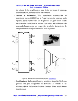 UUNNIIVVEERRSSIIDDAADD NNAACCIIOONNAALL AABBIIEERRTTAA YY AA DDIISSTTAANNCCIIAA –– UUNNAADD
IInnssttrruummeennttaacciióónn MMééddiiccaa
JJoorrggee EEdduuaarrddoo QQuuiinntteerroo MMuuññoozz –– jjoorrggeeqquuiinntteerroo@@bbiiooiinnggeenniieerrooss..ccoomm 94
de entrada de los amplificadores para limitar corrientes de descarga
eléctrica de 60 Hz, como se explicó anteriormente.
• Circuito de Aislamiento: Son básicamente amplificadores de
aislamiento, como el ISO122 de la Texas Instruments, mostrado en la
figura 93. Estos amplificadores son de ganancia uno, pero tienen aislada
eléctricamente los circuitos de entrada y de salida, por lo tanto brindan
seguridad al paciente, ya que no permiten circulación de corrientes de
fallo provenientes del equipo electrónico hacia el paciente.
Figura 93. Amplificador de aislamiento ISO122 (www.ti.com)
• Amplificadores Buffer: Amplificadores seguidores de señal (A,B,C) con
ganancia uno para independizar los terminales de entrada de los
amplificadores de instrumentacion de los de salida de los amplificadores
de aislamiento.
 