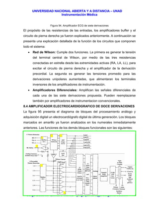 UUNNIIVVEERRSSIIDDAADD NNAACCIIOONNAALL AABBIIEERRTTAA YY AA DDIISSTTAANNCCIIAA –– UUNNAADD
IInnssttrruummeennttaacciióónn MMééddiiccaa
JJoorrggee EEdduuaarrddoo QQuuiinntteerroo MMuuññoozz –– jjoorrggeeqquuiinntteerroo@@bbiiooiinnggeenniieerrooss..ccoomm 96
Figura 94. Amplificador ECG de siete derivaciones
El propósito de las resistencias de las entradas, los amplificadores buffer y el
circuito de pierna derecha ya fueron explicados anteriormente. A continuación se
presenta una explicación detallada de la función de los circuitos que componen
todo el sistema:
• Red de Wilson: Cumple dos funciones. La primera es generar la tensión
del terminal central de Wilson, por medio de las tres resistencias
conectadas en estrella desde las extremidades activas (RA, LA, LL), para
excitar el circuito de pierna derecha y el amplificador de la derivación
precordial. La segunda es generar las tensiones promedio para las
derivaciones unipolares aumentadas, que alimentaran los terminales
inversores de los amplificadores de instrumentación.
• Amplificadores Diferenciales: Amplifican las señales diferenciales de
cada una de las siete derivaciones propuesta. Pueden reemplazarse
también por amplificadores de instrumentacion convencionales.
8.4 AMPLIFICADOR ELECTROCARDIOGRAFICO DE DOCE DERIVACIONES
La figura 95 presenta el diagrama de bloques del procesamiento análogo y
adquisición digital un electrocardiógrafo digital de última generación. Los bloques
marcados en amarillo ya fueron analizados en los numerales inmediatamente
anteriores. Las funciones de los demás bloques funcionales son las siguientes:
QRS
Detec
tor
QRS
Detec
tor
QRS
Detector
QRS
Detector
CTCT
 