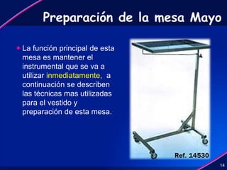 Preparación de la mesa Mayo
 La función principal de esta
mesa es mantener el
instrumental que se va a
utilizar inmediatamente, a
continuación se describen
las técnicas mas utilizadas
para el vestido y
preparación de esta mesa.
14
 