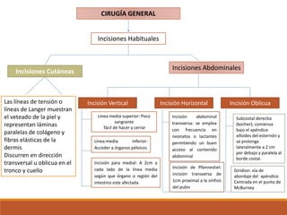 CIRUGÍA GENERAL
Incisiones Habituales
Incisiones Cutáneas
Las líneas de tensión o
líneas de Langer muestran
el veteado de la piel y
representan láminas
paralelas de colágeno y
fibras elásticas de la
dermis
Discurren en dirección
transversal u oblicua en el
tronco y cuello
Incisiones Abdominales
Incisión Vertical Incisión Horizontal Incisión Oblicua
Línea media superior: Poco
sangrante
fácil de hacer y cerrar
Línea.media inferior:
Acceder a órganos pélvicos
Incisión para medial: A 2cm a
cada lado de la línea media
según que órgano o región del
intestino este afectada
Incisión abdominal
transversa: se emplea
con frecuencia en
neonatos o lactantes
permitiendo un buen
acceso al contenido
abdominal
Incisión de Pfannestiel:
incisión transversa de
1cm proximal a la sínfisis
del pubis
Subcostal derecha
(kocher); comienza
bajo el apéndice
xifoides del esternón y
se prolonga
lateralmente a 2 cm
por debajo y paralela al
borde costal.
Giridion: vía de
abordaje del apéndice.
Centrada en el punto de
McBurney
 