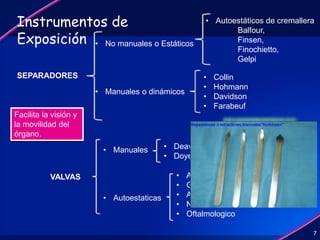 7
SEPARADORES
• No manuales o Estáticos
• Manuales o dinámicos
• Collin
• Hohmann
• Davidson
• Farabeuf
• Autoestáticos de cremallera
Balfour,
Finsen,
Finochietto,
Gelpi
VALVAS
• Manuales
• Autoestaticas
• Deaver
• Doyen
• Award
• Graves
• Anal
• Nasal
• Oftalmologico
Instrumentos de
Exposición
Facilita la visión y
la movilidad del
órgano.
 