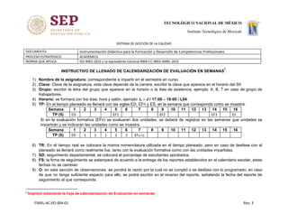 SISTEMA DE GESTIÓN DE LA CALIDAD
DOCUMENTO: Instrumentación Didáctica para la Formación y Desarrollo de Competencias Profesionales
PROCESO ESTRATÉGICO: ACADÉMICO
NORMA QUE APLICA: ISO 9001:2015 y su equivalente nacional NMX-CC-9001-IMNC-2015
INSTRUCTIVO DE LLENADO DE CALENDARIZACIÓN DE EVALUACIÓN EN SEMANAS :
2
1) Nombre de la asignatura:​ correspondiente a impartir en el semestre en curso
2) Clave:​ Clave de la asignatura, esta clave depende de la carrera, escribir la clave que aparece en el horario del SII
3) Grupo: escribir la letra del grupo que aparece en el horario o la lista de asistencia, ejemplo: A, B, T en caso de grupo de
trabajadores.
4) Horario:​ se formara con los días, hora y salón, ejemplo: ​L – J / 17:00 – 18:00 / L04​.
5) TP:​ En el tiempo planeado se llenará con las siglas ED, EFn y ES, en la semana que corresponda como se muestra:
Semana 1 2 3 4 5 6 7 8 9 10 11 12 13 14 15 16
TP (5) ED EF1 EF2 EF3 ES
Si en la evaluación formativa (EFn) se evaluaran dos unidades, se deberá de registrar en las semanas que unidades se
impartirán y se indicaran las unidades como se muestra:
Semana 1 2 3 4 5 6 7 8 9 10 11 12 13 14 15 16
TP (5) ED 1 1 1 2 2 EF​(1+2)
6) TR: En el tiempo real se colocara la misma nomenclatura utilizada en el tiempo planeado, pero en caso de desfase con el
planeado se llenará como realmente fue, tanto con la evaluación formativa como con las unidades impartidas.
7) SD:​ seguimiento departamental, se colocará el porcentaje de estudiantes aprobados.
8) FS: la firma de seguimiento se estampará de acuerdo a la entrega de los reportes establecidos en el calendario escolar, estas
fechas no se cambian
9) O: en esta sección de observaciones, se pondrá la razón por la cual no se cumplió o se desfaso con lo programado, en caso
de que no tenga suficiente espacio para ello, se podrá escribir en el reverso del reporte, señalando la fecha del reporte de
seguimiento al que corresponda.
2
Imprimir solamente la hoja de calendarización de Evaluación en semanas
ITMXL-AC-PO-004-01 Rev. 3
 