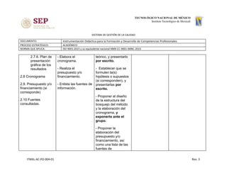 SISTEMA DE GESTIÓN DE LA CALIDAD
DOCUMENTO: Instrumentación Didáctica para la Formación y Desarrollo de Competencias Profesionales
PROCESO ESTRATÉGICO: ACADÉMICO
NORMA QUE APLICA: ISO 9001:2015 y su equivalente nacional NMX-CC-9001-IMNC-2015
2.7.6. Plan de
presentación
gráfica de los
resultados
2.8 Cronograma
2.9. Presupuesto y/o
financiamiento (si
corresponde)
2.10 Fuentes
consultadas.
- Elabora el
cronograma.
- Realiza el
presupuesto y/o
financiamiento.
- Enlista las fuentes de
información.
teórico, y presentarlo
por escrito.
- Establecer que se
formulen la(s)
hipótesis o supuestos
(si corresponden), y
presentarlas ​por
escrito.
- Proponer el diseño
de la estructura del
bosquejo del método
y la elaboración del
cronograma, ​y
exponerlo ante el
grupo.
- Proponer la
elaboración del
presupuesto y/o
financiamiento, así
como una lista de las
fuentes de
ITMXL-AC-PO-004-01 Rev. 3
 