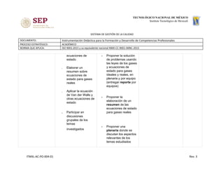 SISTEMA DE GESTIÓN DE LA CALIDAD
DOCUMENTO: Instrumentación Didáctica para la Formación y Desarrollo de Competencias Profesionales
PROCESO ESTRATÉGICO: ACADÉMICO
NORMA QUE APLICA: ISO 9001:2015 y su equivalente nacional NMX-CC-9001-IMNC-2015
ecuaciones de
estado ​ 
. Elaborar un
resumen sobre
ecuaciones de
estado para gases
reales
. Aplicar la ecuación
de Van der Walls y
otras ecuaciones de
estado​ 
. Participar en
discusiones
grupales de los
temas
investigados​ 
- Proponer la solución
de problemas usando
las leyes de los gases
y ecuaciones de
estado para gases
ideales y reales, en
plenaria y por equipo
(entregar ​reporte​ por
equipos)
- Proponer la
elaboración de un
resumen​ de las
ecuaciones de estado
para gases reales
- Proponer una
plenaria​ donde se
discutan los aspectos
relevantes de los
temas estudiados
ITMXL-AC-PO-004-01 Rev. 3
 