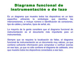 Diagrama funcional de
instrumentación o de lazo
Es un diagrama que muestra todos los dispositivos en un lazo
específico utilizando la simbología que identifica las
interconexiones, e incluye número e identificación de conexiones,
tipo de cables y tamaños, tipos de señal, etc.
La mayoría de la gente considera que el diagrama funcional de
instrumentación es el documento más importante para un
instrumentista.
Siempre que se requiera la localización de fallas, el diagrama
funcional de instrumentación es un documento muy valioso, ya que
contiene suficiente información para comprobar o verificar averías
en ese lazo, ya que no sólo contiene el diagrama de cableado, sino
que muestra todos los dispositivos conectados a ese lazo.
 