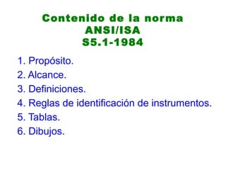Contenido de la norma
ANSI/ISA
S5.1-1984
1. Propósito.
2. Alcance.
3. Definiciones.
4. Reglas de identificación de instrumentos.
5. Tablas.
6. Dibujos.
 
