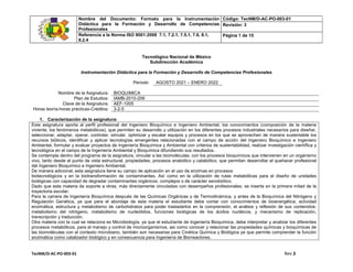 Nombre del Documento: Formato para la Instrumentación
Didáctica para la Formación y Desarrollo de Competencias
Profesionales
Código: TecNM/D-AC-PO-003-01
Revisión: 3
Referencia a la Norma ISO 9001:2008 7.1, 7.2.1, 7.5.1, 7.6, 8.1,
8.2.4
Página 1 de 15
TecNM/D-AC-PO-003-01 Rev.3
Tecnológico Nacional de México
Subdirección Académica
Instrumentación Didáctica para la Formación y Desarrollo de Competencias Profesionales
Periodo AGOSTO 2021 – ENERO 2022
Nombre de la Asignatura: BIOQUIMICA
Plan de Estudios: IAMB-2010-206
Clave de la Asignatura: AEF-1005
Horas teoría-horas prácticas-Créditos: 3-2-5
1. Caracterización de la asignatura:
Esta asignatura aporta al perfil profesional del Ingeniero Bioquímico e Ingeniero Ambiental, los conocimientos (composición de la materia
viviente, los fenómenos metabólicos), que permiten su desarrollo y utilización en los diferentes procesos industriales necesarios para diseñar,
seleccionar, adaptar, operar, controlar, simular, optimizar y escalar equipos y procesos en los que se aprovechen de manera sustentable los
recursos bióticos, identificar y aplicar tecnologías emergentes relacionadas con el campo de acción del Ingeniero Bioquímico e Ingeniero
Ambiental, formular y evaluar proyectos de Ingeniería Bioquímica y Ambiental con criterios de sustentabilidad, realizar investigación científica y
tecnológica en el campo de la Ingeniería Ambiental y Bioquímica difundiendo sus resultados.
Se contempla dentro del programa de la asignatura, vincular a las biomoléculas, con los procesos bioquímicos que intervienen en un organismo
vivo, tanto desde el punto de vista estructural, propiedades, procesos anabólico y catabólico, que permitan desarrollar el quehacer profesional
del Ingeniero Bioquímico e Ingeniero Ambiental.
De manera adicional, esta asignatura tiene su campo de aplicación en el uso de enzimas en procesos
biotecnológicos y en la biotransformación de contaminantes. Así como en la utilización de rutas metabólicas para el diseño de unidades
biológicas con capacidad de degradar contaminantes orgánicos, complejos o de carácter xenobiótico.
Dado que esta materia da soporte a otras, más directamente vinculadas con desempeños profesionales; se inserta en la primera mitad de la
trayectoria escolar;
Para la carrera de Ingeniería Bioquímica después de las Químicas Orgánicas y de Termodinámica, y antes de la Bioquímica del Nitrógeno y
Regulación Genética, ya que para el abordaje de esta materia el estudiante debe contar con conocimientos de bioenergética, actividad
enzimática, estructura y metabolismo de carbohidratos para poder trasladarlos en la comprensión, el análisis y reflexión de sus contenidos:
metabolismo del nitrógeno, metabolismo de nucleótidos, funciones biológicas de los ácidos nucléicos, y mecanismo de replicación,
transcripción y traducción.
Otra materia con la cual se relaciona es Microbiología, ya que el estudiante de Ingeniería Bioquímica, debe interpretar y analizar los diferentes
procesos metabólicos, para el manejo y control de microorganismos, así como conocer y relacionar las propiedades químicas y bioquímicas de
las biomoléculas con el contexto microbiano, también son necesarias para Cinética Química y Biológica ya que permite comprender la función
enzimática como catalizador biológico y en consecuencia para Ingeniería de Biorreactores.
 