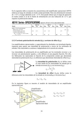 18
En la siguiente tabla se muestra las características del amplificador operacional AD741
relativas al rango de entradas en modo común permitida. Para una alimentación nominal
de ± 15 V, el rango admitido es de ± 13 V. Esto puede indicar que el rango de operación
en modo común es el de la fuente de alimentación con una reducción de ±2 V, que
requiere la polarización interna.
2.3.2 Corriente polarización de entrada (IB) y corriente de offset (IOS).
Los amplificadores operacionales, y especialmente los diseñados con tecnología bipolar,
requieren para operar una intensidad de polarización a través de los terminales de
entrada. Esta intensidad es continua e independiente de la tensión de entrada.
Las intensidades de polarización de un amplificador por los terminales inversor y no
inversor son prácticamente iguales, y sólo difieren en una pequeña fracción. Por ello,
los fabricantes las representan en función de la componente común que denominan
intensidad de polarización (IB) y su diferencia que denominan intensidad de offset (IOS).
La intensidad de polarización (IB) se define como
el valor medio de las intensidades de entrada por la
entrada inversora (IBn) y no inversora (IBp):
La intensidad de offset (IOS)se define como la
diferencia entre las intensidades de la entrada no inversora(IBp) e inversora (IBn):
BnBpOS III −=
En la siguientes figura se muestra el modelo de intensidades de un amplificador
operacional real.
2/
2/
OSBBn
OSBBp
III
III
−=
+=
IBp
IBn
+
-
2
BnBp
B
II
I
+
=
vo
v-
V+
IBn
IBp
IB
IB
IOS/2
Amplificador
operacional ideal
Amplificador
operacional real
 