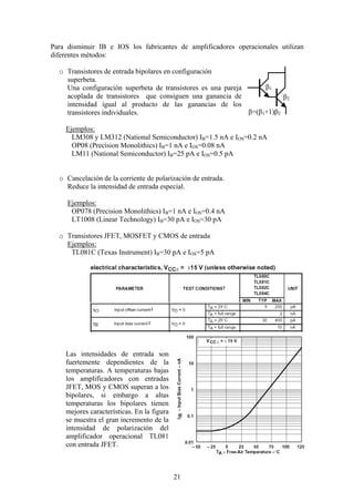 21
Para disminuir IB e IOS los fabricantes de amplificadores operacionales utilizan
diferentes métodos:
o Transistores de entrada bipolares en configuración
superbeta.
Una configuración superbeta de transistores es una pareja
acoplada de transistores que consiguen una ganancia de
intensidad igual al producto de las ganancias de los
transistores individuales.
Ejemplos:
LM308 y LM312 (National Semiconductor) IB=1.5 nA e IOS=0.2 nA
OP08 (Precision Monolithics) IB=1 nA e IOS=0.08 nA
LM11 (National Semiconductor) IB=25 pA e IOS=0.5 pA
o Cancelación de la corriente de polarización de entrada.
Reduce la intensidad de entrada especial.
Ejemplos:
OP078 (Precision Monolithics) IB=1 nA e IOS=0.4 nA
LT1008 (Linear Technology) IB=30 pA e IOS=30 pA
o Transistores JFET, MOSFET y CMOS de entrada
Ejemplos:
TL081C (Texas Instrument) IB=30 pA e IOS=5 pA
Las intensidades de entrada son
fuertemente dependientes de la
temperaturas. A temperaturas bajas
los amplificadores con entradas
JFET, MOS y CMOS superan a los
bipolares, si embargo a altas
temperaturas los bipolares tienen
mejores características. En la figura
se muestra el gran incremento de la
intensidad de polarización del
amplificador operacional TL081
con entrada JFET.
β1
β2
β=(β1+1)β2
 