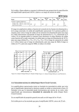 26
En la tabla y figura adjunta se muestra la información que proporciona la especificación
del amplificador operacional AD741, relativa a su rango de tensión de salida.
El rango de amplitud de salida es función de la tensión de las fuentes de alimentación y
de la carga conectada a la salida del amplificador operacional. En la primera gráfica se
muestra como varía el rango de salida con las tensiones de alimentación (para una carga
de 2 KΩ), básicamente corresponde al rango de alimentación VCC-VEE disminuido en 4
voltios. En la segunda gráfica se muestra como disminuye el rango dinámico de salida
como función de la carga conectada a la salida (para un rango de alimentación de 30 V),
para una carga infinita (Vsat+=VCC-1V y Vsat-=VEE+1V) el rango de saturación de salida
es 2 voltios menos que el rango de alimentación, para una carga de 2KΩ el rango se
reduce en 4 V y para una carga de 300Ω, se reduce a la mitad.
2.4.3 Intensidad máxima de salida(Output Short-Circuit Current).
Los amplificadores operacionales tienen un limitador de intensidad de salida, que evita
que el amplificador operacional se destruya cuando su salida se cortocircuita a tierra. El
limitador evita que la intensidad pueda incrementarse por encima de un cierto valor
especificado que denominamos intensidad de saturación de salida (Output Short-
Circuit Current).
En un amplificador de propósito general esta suele ser del rango de los 10 mA.
En la tabla previa se ha mostrado que para el amplificador AD741, esta es de 25 mA.
 