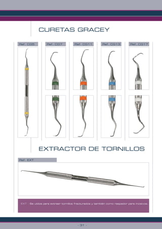 CURETAS GRACEY
- 31 -
Ref. EXT
EXTRACTOR DE TORNILLOS
Ref. CG5 Ref. CG7 Ref. CG11 Ref. CG13 Ref. CG17
EXT : Se utiliza para extraer tornillos fracturados y también como raspador para incisivos.
 