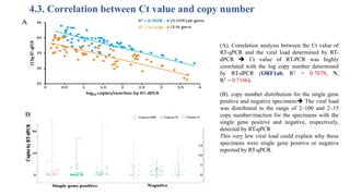 4.3. Correlation between Ct value and copy number
(A). Correlation analysis between the Ct value of
RT-qPCR and the viral load determined by RT-
dPCR  Ct value of RT-PCR was highly
correlated with the log copy number determined
by RT-dPCR (ORF1ab, R2 = 0.7078; N,
R2 = 0.7106).
(B). copy number distribution for the single gene
positive and negative specimens The viral load
was distributed in the range of 2–100 and 2–15
copy number/reaction for the specimens with the
single gene positive and negative, respectively,
detected by RT-qPCR
This very low viral load could explain why these
specimens were single gene positive or negative
reported by RT-qPCR.
 