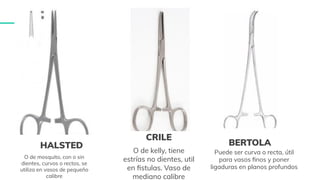 TIPOS
HALSTED
O de mosquito, con o sin
dientes, curvos o rectos, se
utiliza en vasos de pequeño
calibre
CRILE
O de kelly, tiene
estrías no dientes, util
en ﬁstulas. Vaso de
mediano calibre
BERTOLA
Puede ser curva o recta, útil
para vasos ﬁnos y poner
ligaduras en planos profundos
 