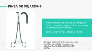 Para extraccion de calculos. Son largas, no
tienen cremallera, su parte uti es fenestrada,
se entregan generalmente:
RECTA, CURVA Y EN ANGULO RECTO
PINZA DE DEJARDINS
Benique: instrumental de exploración que
se utiliza para dilatar o empujar los
cálculos. Son VARILLAS CURVAS DE
METAL
 