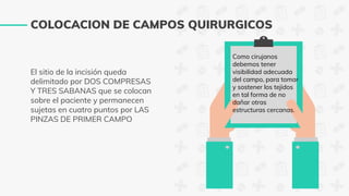 El sitio de la incisión queda
delimitado por DOS COMPRESAS
Y TRES SABANAS que se colocan
sobre el paciente y permanecen
sujetas en cuatro puntos por LAS
PINZAS DE PRIMER CAMPO
COLOCACION DE CAMPOS QUIRURGICOS
Como cirujanos
debemos tener
visibilidad adecuada
del campo, para tomar
y sostener los tejidos
en tal forma de no
dañar otras
estructuras cercanas.
 