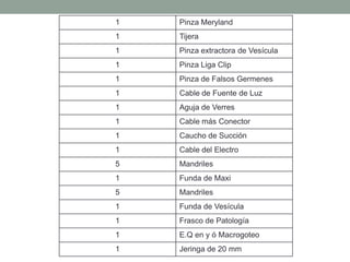 1 Pinza Meryland
1 Tijera
1 Pinza extractora de Vesícula
1 Pinza Liga Clip
1 Pinza de Falsos Germenes
1 Cable de Fuente de Luz
1 Aguja de Verres
1 Cable más Conector
1 Caucho de Succión
1 Cable del Electro
5 Mandriles
1 Funda de Maxi
5 Mandriles
1 Funda de Vesícula
1 Frasco de Patología
1 E.Q en y ó Macrogoteo
1 Jeringa de 20 mm
 