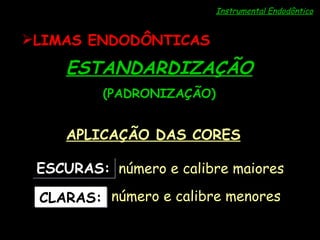 Instrumental Endodôntico APLICAÇÃO DAS CORES ESCURAS: CLARAS: número e calibre maiores número e calibre menores ESTANDARDIZAÇÃO (PADRONIZAÇÃO) LIMAS ENDODÔNTICAS 