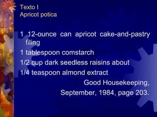 Texto I
Apricot potica


1 12-ounce can apricot cake-and-pastry
  filing
1 tablespoon comstarch
1/2 cup dark seedless raisins about
1/4 teaspoon almond extract
                    Good Housekeeping,
             September, 1984, page 203.
 