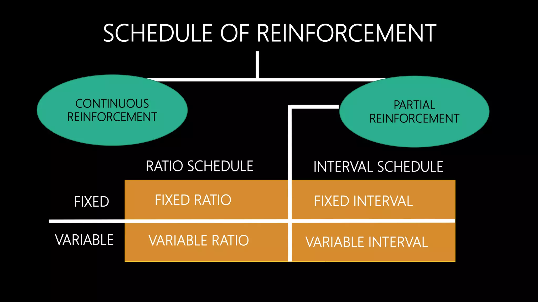 SCHEDULE OF REINFORCEMENT
CONTINUOUS
REINFORCEMENT
PARTIAL
REINFORCEMENT
FIXED RATIO
VARIABLE RATIO
FIXED INTERVAL
VARIABLE INTERVAL
INTERVAL SCHEDULE
RATIO SCHEDULE
FIXED
VARIABLE
 