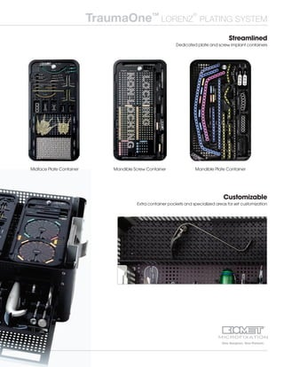 Midface Plate Container Mandible Screw Container
TraumaOne™
LORENZ
®
PLATING SYSTEM
Streamlined
Dedicated plate and screw implant containers
Midface Plate Container Mandible Plate Container
Customizable
Extra container pockets and specialized areas for set customization
 