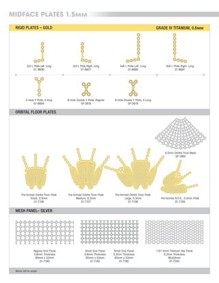 RIGID PLATES – GOLD
5-Hole Y Plate, X-long
01-8604
6-Hole Double Y Plate, Regular
SP-2618
6-Hole Double Y Plate, X-Long
SP-2619
Pre-formed Orbital Floor Plate
Small, 0.3mm
01-7106
4x6 L Plate Left, Long
01-8680
4x6 L Plate Right, Long
01-8681
Pre-formed Orbital Floor Plate
Medium, 0.3mm
01-7107
0.2mm Orbital Floor Mesh
SP-1865
Pre-formed Orbital Floor Plate
Large, 0.3mm
01-7108
Pre-formed N.O.E., 0.3mm Plate
01-7109
Items not to scale
3x3 L Plate Left, Long
01-8636
ORBITAL FLOOR PLATES
Regular Grid Panel
0.6mm Thickness
80mm x 53mm
01-7180
Small Grid Panel
0.6mm Thickness
85mm x 53mm
01-7182
Small Grid Panel
0.3mm Thickness
85mm x 53mm
01-7185
1.0/1.5mm Titanium Hex Panel
0.2mm Thickness
85x50mm
01-7340
MESH PANEL– SILVER
GRADE IV TITANIUM, 0.6MM
3x3 L Plate Right, Long
01-8637
MIDFACE PLATES 1.5MM
 