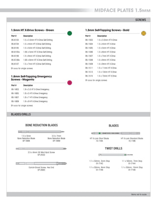 Part #
95-6103
95-6104
95-6105
95-6105x
95-6106
95-6106x
95-6107
Description
1.5 x 3.5mm HT X-Drive Self-Drilling
1.5 x 4mm HT X-Drive Self-Drilling
1.5 x 5mm HT X-Drive Self-Drilling
1.65 x 5mm HT X-Drive Self-Drilling
1.5 x 6mm HT X-Drive Self-Drilling
1.65 x 6mm HT X-Drive Self-Drilling
1.5 x 7mm HT X-Drive Self-Drilling
1.5mm HT X-Drive Screws - Green
SCREWS
Part #
95-1503
95-1504
95-1505
95-1506
95-1507
95-1508
95-1509
95-1511
95-1513
95-1515
Description
1.5 x 3.5mm HT X-Drive
1.5 x 4mm HT X-Drive
1.5 x 5mm HT X-Drive
1.5 x 6mm HT X-Drive
1.5 x 7mm HT X-Drive
1.5 x 8mm HT X-Drive
1.5 x 9mm HT X-Drive
1.5 x 11mm HT X-Drive
1.5 x 13mm HT X-Drive
1.5 x 15mm HT X-Drive
1.5mm Self-Tapping Screws - Gold
Part #
95-1803
95-1805
95-1807
95-1809
Description
1.8 x 3.5 HT X-Drive Emergency
1.8 x 5 HT X-Drive Emergency
1.8 x 7 HT X-Drive Emergency
1.8 x 9 HT X-Drive Emergency
1.8mm Self-Tapping Emergency
Screws - Magenta
Items not to scale
BONE REDUCTION BLADES
Carroll-Girard Screw, Hex End
SP-2693
HT X-Lock Short Blade
15-1194
BLADES
HT X-Lock Standard Blade
15-1196
1.1 x 50mm, 7mm Stop
01-7144
1.1 x 50mm, 15mm Stop
01-7148
TWIST DRILLS
1.1 x 50mm, 5mm Stop
01-7142
1.1 x 50mm, 9mm Stop
01-7146
2.5 x 6mm SD Mod Byrd Screw
SP-2032
1.5 x 5mm
Bone Reduction Blade
SP-1888
2.0 x 7mm
Bone Reduction Blade
SP-1889
BLADES/DRILLS
MIDFACE PLATES 1.5MM
91-xxxx for single screws
91-xxxx for single screws
91-xxxx for single screws
 