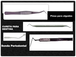 Pinza para algodón
Sonda Periodontal
CURETA PARA
DENTINA
 