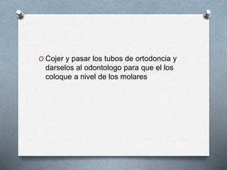 O Cojer y pasar los tubos de ortodoncia y
darselos al odontologo para que el los
coloque a nivel de los molares
 