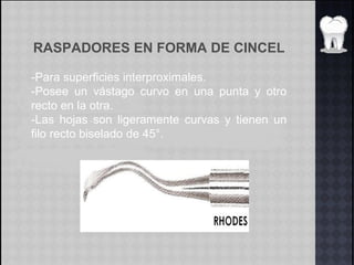 RASPADORES EN FORMA DE CINCEL
-Para superficies interproximales.
-Posee un vástago curvo en una punta y otro
recto en la otra.
-Las hojas son ligeramente curvas y tienen un
filo recto biselado de 45°.
 