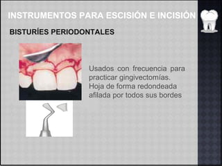 INSTRUMENTOS PARA ESCISIÓN E INCISIÓN
BISTURÍES PERIODONTALES
Usados con frecuencia para
practicar gingivectomías.
Hoja de forma redondeada
afilada por todos sus bordes
 