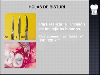 HOJAS DE BISTURÍ
Para realizar la incisión
de los tejidos blandos.
Destacamos las hojas nº
15C, 12D y 11
15C 11 12D
 