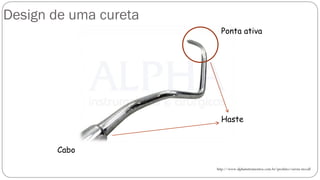 Ponta ativa
Cabo
Haste
Design de uma cureta
http://www.alphainstrumentos.com.br/produto/cureta-mccall
 