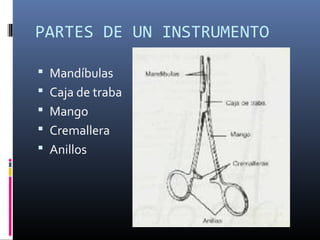 PARTES DE UN INSTRUMENTO
 Mandíbulas
 Caja de traba
 Mango
 Cremallera
 Anillos
 