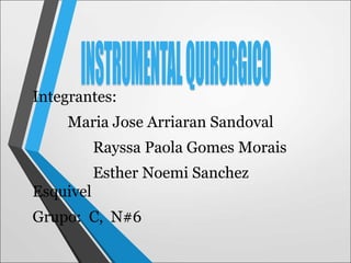 Integrantes:
Maria Jose Arriaran Sandoval
Rayssa Paola Gomes Morais
Esther Noemi Sanchez
Esquivel
Grupo: C, N#6
 