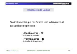 Instrumentos de campo                                                                                    RETORNO AO INÍCIO   SAIR




                                           Indicadores de Campo




                                       8        )(                       # *
                                       2                  1             4

                                       8 % ()(                              #%*
                                       2                  !                       4




             Consultoria Empresarial
     Desenvolvendo Talentos Humanos
                                           Curso Básico Industrial - Instrumentação e Automação Básica                              14
 