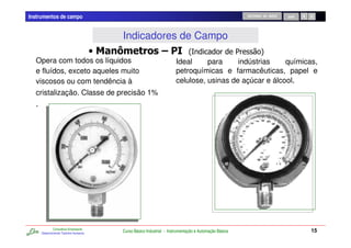 Instrumentos de campo                                                                                      RETORNO AO INÍCIO   SAIR




                                             Indicadores de Campo
                                        8   )(       # *2                                   1       4
  Opera com todos os líquidos                                             Ideal     para     indústrias    químicas,
  e fluídos, exceto aqueles muito                                         petroquímicas e farmacêuticas, papel e
  viscosos ou com tendência à                                             celulose, usinas de açúcar e álcool.
  cristalização. Classe de precisão 1%
  .




              Consultoria Empresarial
      Desenvolvendo Talentos Humanos
                                             Curso Básico Industrial - Instrumentação e Automação Básica                              15
 