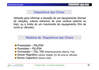 Instrumentos de campo                                                                                              RETORNO AO INÍCIO    SAIR




                                                 Dispositivos tipo Chave
         # .                                                                                                                        2
                                       4                     C                                                           2
                   4                                                                                                                2
                               D             4



                                       Modelos de Dispositivos tipo Chave

                   1                        6 1 A1 B
                                                 D
                   @C                      6 @ A@ B
                                                D
                   !                        6 ! A ! B2
                                                 D                                                     &           ! 4
                                       $                2                                                      D                4
                                       ,                2                /     4

             Consultoria Empresarial
     Desenvolvendo Talentos Humanos
                                                 Curso Básico Industrial - Instrumentação e Automação Básica                                   20
 