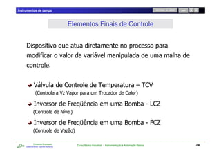 Instrumentos de campo                                                                                          RETORNO AO INÍCIO   SAIR




                                            Elementos Finais de Controle


     E
                                                                                                                               7



             3                          ,                          !                                 6!,3
               2,                      3.3                          !                      ,         4

                                            @ F                                            *          05A
                                                                                                        ,G
             2,                         /    4

                                            @ F                                            *          05@,G
             2,                        3 . 4

             Consultoria Empresarial
     Desenvolvendo Talentos Humanos
                                                 Curso Básico Industrial - Instrumentação e Automação Básica                              24
 