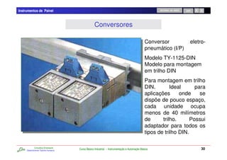 Instrumentos de Painel                                                                               RETORNO AO INÍCIO   SAIR




                                                   Conversores

                                                                                               Conversor                    eletro-
                                                                                               pneumático (I/P)
                                                                                               Modelo TY-1125-DIN
                                                                                               Modelo para montagem
                                                                                               em trilho DIN
                                                                                               Para montagem em trilho
                                                                                               DIN.        Ideal      para
                                                                                               aplicações      onde     se
                                                                                               dispõe de pouco espaço,
                                                                                               cada unidade ocupa
                                                                                               menos de 40 milímetros
                                                                                               de      trilho.      Possui
                                                                                               adaptador para todos os
                                                                                               tipos de trilho DIN.

             Consultoria Empresarial
     Desenvolvendo Talentos Humanos
                                       Curso Básico Industrial - Instrumentação e Automação Básica                               30
 