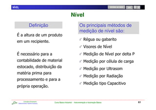 NÍVEL                                                                                                           RETORNO AO INÍCIO   SAIR




                                                              Nível
                     Definição                                           Os principais métodos de
                                                                         medição de nível são:
                                                                              "                         0
                                                                              3                         /
                                                                              $                             /                              1
                 0                                                            $
                                      0                                       $                         #
                                                                              $                         "
                                                                              $                             ,
        J


            Consultoria Empresarial
    Desenvolvendo Talentos Humanos
                                          Curso Básico Industrial - Instrumentação e Automação Básica                                          61
 
