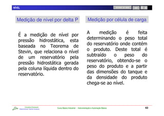NÍVEL                                                                                                               RETORNO AO INÍCIO   SAIR




  Medição de nível por delta P                                                        Medição por célula de carga

                                                                                     &
                                                      /
                                      7
                                                                                                                J
   0                                          !
                                                                                                                    E
                                                                   /
                                                                                           0 /
                                                  J
                                                                                                         J               0              5
                               7
                                          /
                                                                                                                K
                            J
                                                                                       7            5               /



            Consultoria Empresarial
    Desenvolvendo Talentos Humanos
                                                  Curso Básico Industrial - Instrumentação e Automação Básica                                  63
 