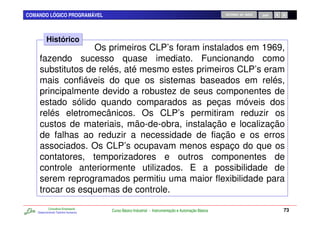 COMANDO LÓGICO PROGRAMÁVEL                                                                          RETORNO AO INÍCIO   SAIR




          Histórico
                   Os primeiros CLP’s foram instalados em 1969,
     fazendo sucesso quase imediato. Funcionando como
     substitutos de relés, até mesmo estes primeiros CLP’s eram
     mais confiáveis do que os sistemas baseados em relés,
     principalmente devido a robustez de seus componentes de
     estado sólido quando comparados as peças móveis dos
     relés eletromecânicos. Os CLP’s permitiram reduzir os
     custos de materiais, mão-de-obra, instalação e localização
     de falhas ao reduzir a necessidade de fiação e os erros
     associados. Os CLP’s ocupavam menos espaço do que os
     contatores, temporizadores e outros componentes de
     controle anteriormente utilizados. E a possibilidade de
     serem reprogramados permitiu uma maior flexibilidade para
     trocar os esquemas de controle.
            Consultoria Empresarial
    Desenvolvendo Talentos Humanos
                                      Curso Básico Industrial - Instrumentação e Automação Básica                              73
 