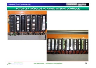 COMANDO LÓGICO PROGRAMÁVEL                                                                          RETORNO AO INÍCIO   SAIR



               FOTOS CLP (MÓDULOS NO PAINEL INTERNO CONTROLE)




            Consultoria Empresarial
    Desenvolvendo Talentos Humanos
                                      Curso Básico Industrial - Instrumentação e Automação Básica                              78
 