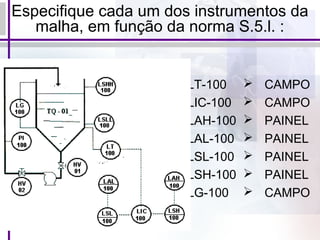 Especifique cada um dos instrumentos da
malha, em função da norma S.5.l. :
LT-100
LIC-100
LAH-100
LAL-100
LSL-100
LSH-100
LG-100
 CAMPO
 CAMPO
 PAINEL
 PAINEL
 PAINEL
 PAINEL
 CAMPO
 