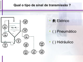 Qual o tipo de sinal de transmissão ?
• ( ) Elétrico
• ( ) Pneumático
• ( ) Hidráulico
 